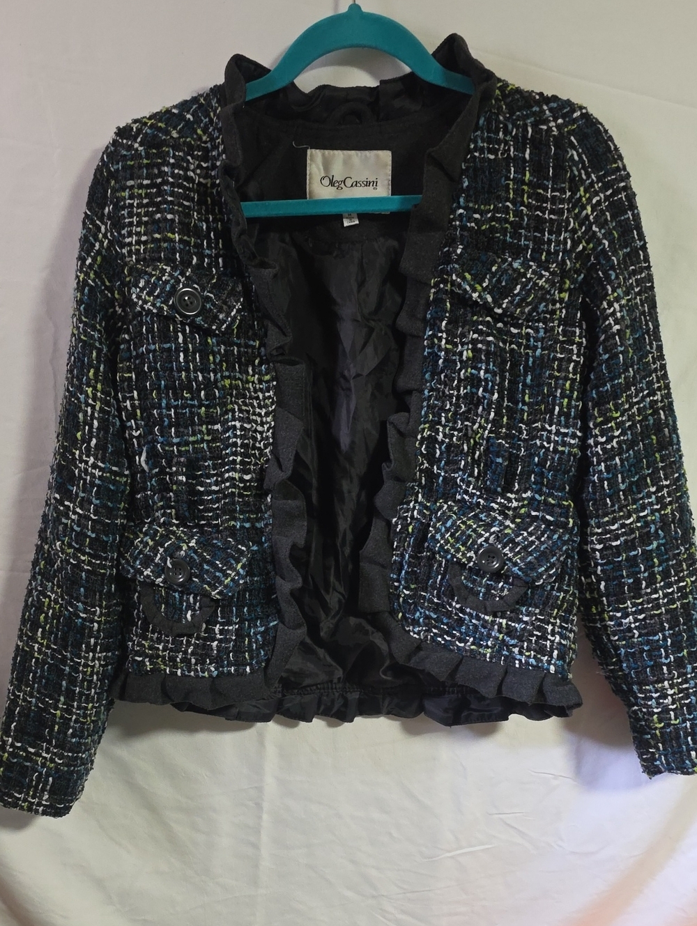 Oleg Cassini Black Tweed Jacket with Multicolor Thread